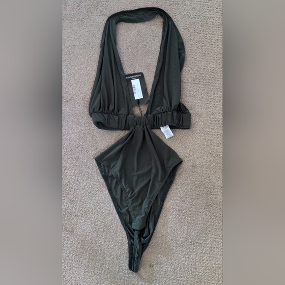PrettyLittleThing Tops - Pretty Little Thing Khaki Slinky Plunge Cut Out Waist Bodysuit